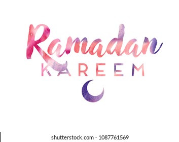 Ramadan kareem vector greetings typography design with watercolor background and moon. Vector illustration.