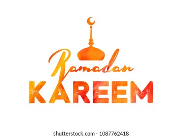 Ramadan kareem vector greetings typography design with watercolor background with moon and Mosque Tower. Vector illustration.