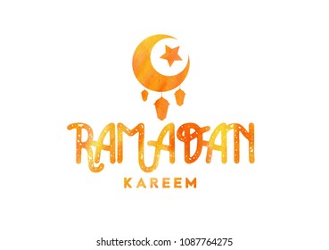 Ramadan kareem vector greetings typography design with watercolor background and moon and lamps and star. Vector illustration.