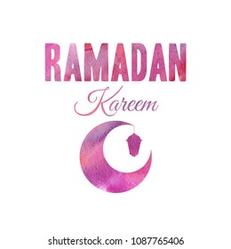 Ramadan kareem vector greetings typography design with watercolor background and moon and lantern. Vector illustration.