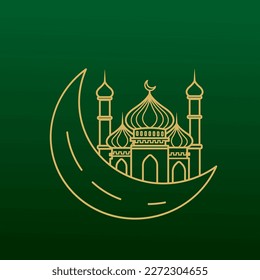 Ramadan kareem vector holy month celebration with mosque, month of ramadan line art style design.