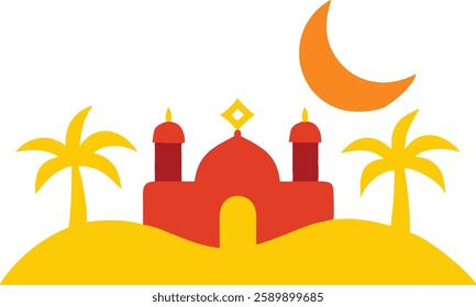 Ramadan Kareem vector with a holy mosque, crescent moon, and a serene night sky.