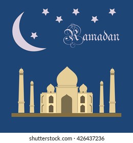 Ramadan Kareem vector icon with mosque and minaret and crescent or half moon with  stars. Islam celebration post card. Muslim holiday sign. Ramadan Kareem card with blue background.