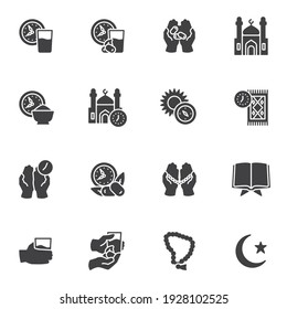 Ramadan Kareem Vektorsymbole Set, moderne solide Symbolsammlung, gefülltes Piktogramm-Paket im Stil. Zeichen, Logo-Illustration. Set enthält Symbole wie islamischer Urlaub, Iftar-Essen, naz beten Zeit, Moschee