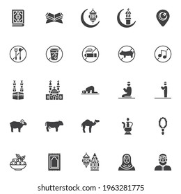 Ramadan kareem vector icons set, modern solid symbol collection, filled style pictogram pack. Signs, logo illustration. Set includes icons as muslim woman, namaz prayer man, mosque, iftar food, koran
