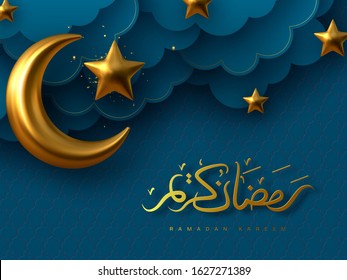 Ilustração vetorial de Ramadan Kareem com crescente de metal dourado 3d, estrelas e nuvens de corte de papel. Caligrafia árabe manuscrita significa Ramadan Kareem. Fundo tradicional azul para o mês sagrado muçulmano.