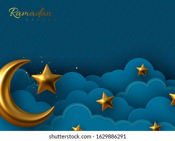 Ramadan Kareem vector illustration with 3d golden metal crescent, stars and paper cut clouds. Blue traditional background for Muslim holy month.