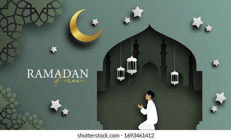 Ramadan Kareem Vektorillustration Illustration mit 3D-Schnitteffekt.  Farbverlauf-geometrisches Design für Bannerposter, Einladung, Grußkartenhintergrund
