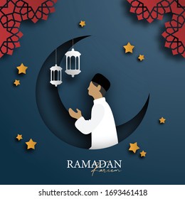 Ilustración vectorial Ramadan kareem con efecto de corte 3d.  Diseño geométrico degradado para el afiche de banner, invitación, fondo de tarjeta de felicitación