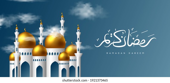 Ilustración vectorial Ramadan Kareem. 3.ª mezquita realista en nubes. Fondo azul para el mes sagrado musulmán. Caligrafía árabe escrita a mano.