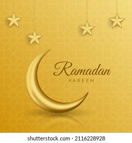Ramadan Kareem vector illustration. 3d gold metal crescent with star. Gold background for the Muslim holy month. Islamic background.