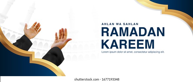 Ramadan Kareem Vector Illustration Background Template With Male Object Praying by raising both hand In 3d Realistict Design. Eid mubarak, Islamic banner, poster, web, flyer,illustration, brochure