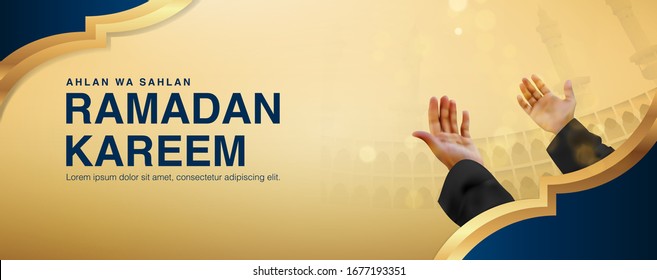 Plantilla De Fondo De Ilustración Del Vector Ramadan Kareem Con Objeto Masculino Rezando levantando ambas manos En Diseño Realista 3d. Eid Mubarak, pancarta islámica, afiche, web, volante, ilustración, folleto