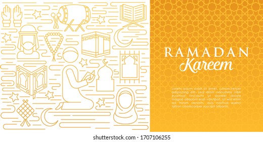 Ilustración vectorial Ramadan Kareem. Plantilla vectorial de fondo Ramadan Kareem para banner, tarjeta de saludo, volante, invitación, diseño de afiches. Ilustración vectorial de diseño plano de moda de Ramadán.