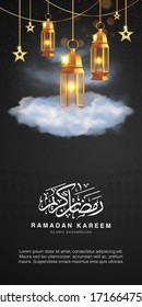 Ramadan Kareem Vector Illustration Background Template 3d Realistict Arabic lantern above the cloud Design. Eid mubarak, Islamic banner, poster, web, flyer,illustration, brochure