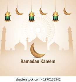Ramadan kareem vector illustration and background with golden lantern and moon