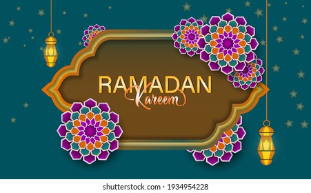 ramadan kareem vector illustration, banner design with elements using paper cut style design, hanging lamps, and stars on dark blue background. 