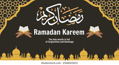 RAMADAN KAREEM vector illustration banner with brown background and Islamic Frame Ornament and Ramadan Kareem in Arabic letters and two quran books illustrations and Islamic Mosque Silhouette Vector 