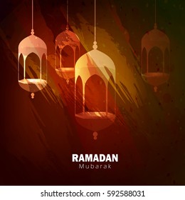 Ramadan Kareem, Vector Illustration based on abstract grungy background with hanging Lantern on the occasion of Muslim Holy Month Ramadan Kareem.