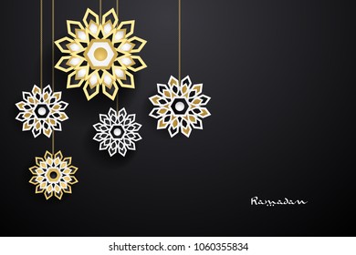 Ramadan Kareem vector illustration with boho and flower elements using paper cut style design