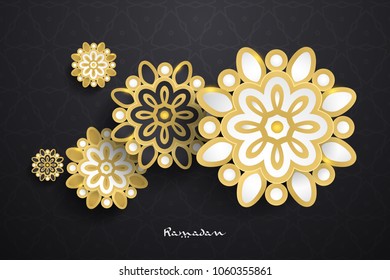 Ramadan Kareem vector illustration with boho and flower elements using paper cut style design