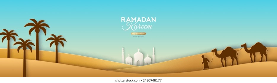 Ramadan Kareem vector illustration, desert scenery, bright sky with camel caravan, dates tree and caravan. Mosque concept banner, poster or header for Hajj. Yellow Sahara sand,