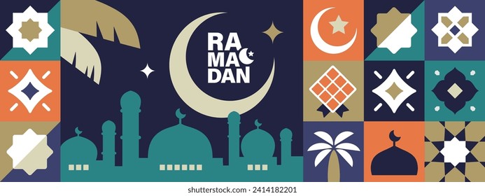 Ilustración vectorial Ramadan Kareem en diseño de estilo geométrico plano para afiches, tarjetas de felicitación, banner y cubierta.