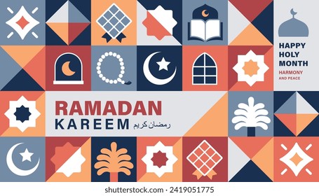 Ilustración vectorial Ramadan Kareem en diseño de estilo geométrico plano para afiches, tarjetas de felicitación, banner y cubierta. Traducción: Ramadan Kareem