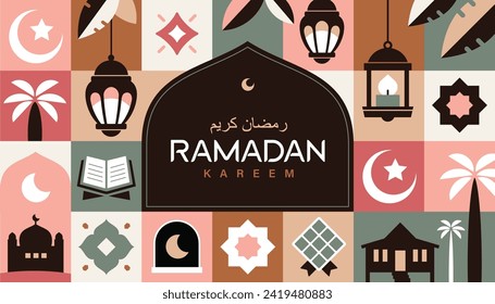 Ramadan Kareem vector illustration in flat geometric style design for poster, greeting card, banner and cover. Translation: Ramadan Kareem