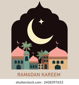 Ramadan Kareem Vektor-Illustration im flachen geometrischen Stil Design für Plakat, Grußkarte, Banner und Cover. Modernes Kunstdesign mit Muster der schönen arabischen alten Stadt vor der Kulisse