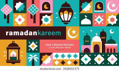 Ramadan Kareem vector illustration in flat geometric style design for poster, greeting card, banner and cover.