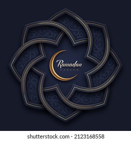 Ramadan Kareem vector illustration. Ramadan greeting card with golden crescent and arabic frame. Design for Holy month Ramadan celebration.