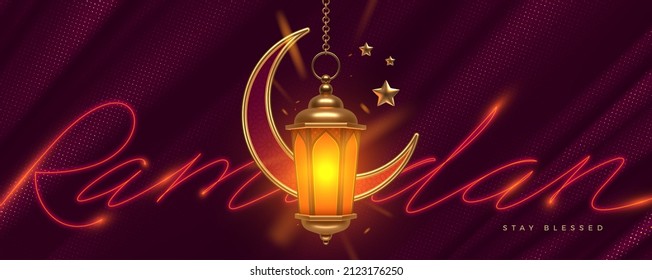 Ramadan Kareem vector illustration. Ramadan greeting card with golden Islamic lantern, crescent and neon light calligraphy on a purple flowing fabric  background. Text in Arabic translates as Ramadan.