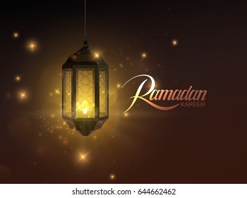  Ramadan Kareem. Vektorgrafik des handgeschriebenen Ramadan Kareem Retro-Labels und der glühenden arabischen Laterne. Moslems heiliger Monat Ramadan Postkartendesign.