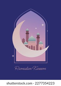 Ramadan kareem vector illustration. Islamic holiday, greeting card, poster. Background with mosque and crescent.