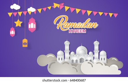 Ramadan Kareem vector Illustration. Islamic vector elements for greeting card, banner and flyer. Paper cut style design