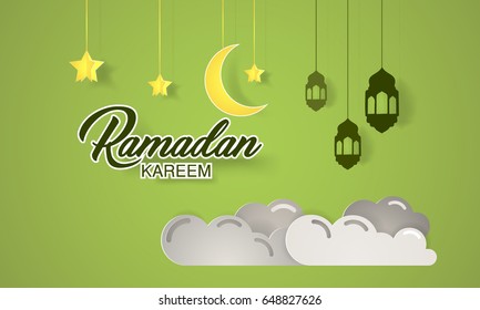 Ramadan Kareem vector Illustration. Islamic vector elements for greeting card, banner and flyer. Paper cut style design