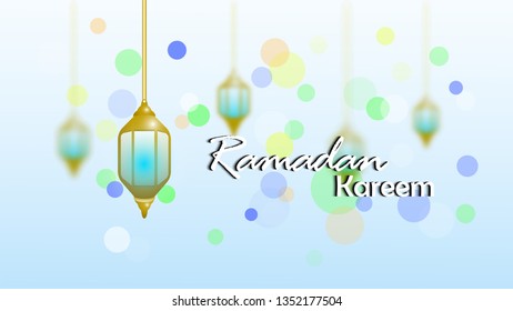 Ramadan Kareem vector illustration with lantern  decoration on blurred background for greeting card, banner, poster, invitation, web page, web background. Text translation : Holy month ramadan. 