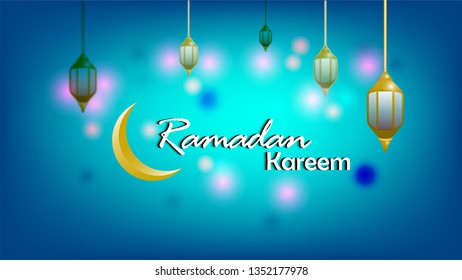 Ramadan Kareem vector illustration with lantern and mosque decoration for greeting card, banner, poster, invitation, web page, web background. Text translation : Holy month ramadan. 