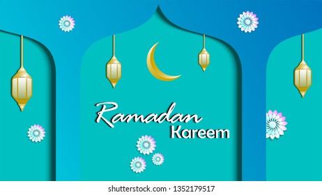 Ramadan Kareem vector illustration with lantern and mosque decoration for greeting card, banner, poster, invitation, web page, web background in paper cut. Text translation : Holy month ramadan. 