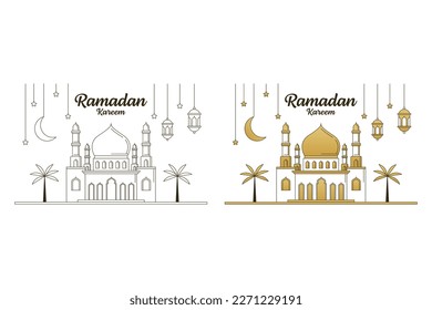 Ramadan kareem vector illustration monoline or line art style, mosque, lantern, moon