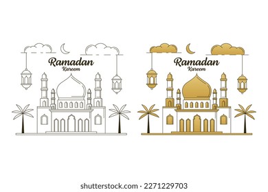 Ramadan kareem vector illustration monoline or line art style, mosque, lantern, moon, cloud