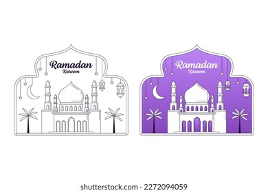 Ramadan kareem vector illustration monoline or line art style, mosque, lantern, moon
