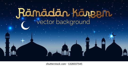 Ramadan Kareem vector illustration. Mosque elements, on sunset sky with stars. Islamic background with copy text place