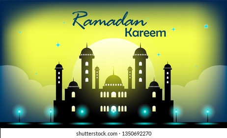 Ramadan Kareem Vector illustration, mosque with moon background can be use for  invitation card, banner, wallpaper, islamic ramadan kareem illustration in modern flat design style vector illustration 
