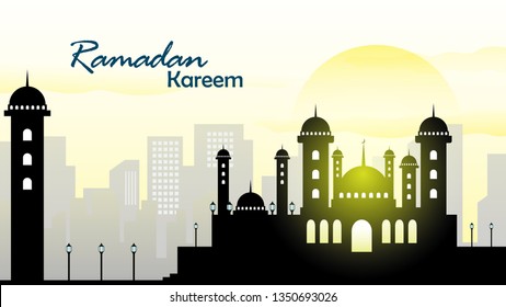 Ramadan Kareem Vector illustration. Mosque with cityscape background use for  invitation card, banner, wallpaper, islamic ramadan kareem illustration in modern flat design style vector illustration 