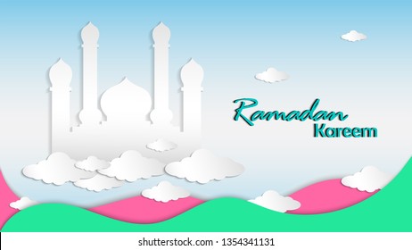 Ramadan Kareem vector  illustration with mosque and sky decoration. use for greeting card, invitation , Islamic Ramadan background, Text translation :  holy month ramadan. In paper cut design style