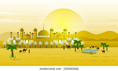 Ramadan Kareem vector  illustration with mosque, camel desert, moon use for greeting card, invitation , Islamic Ramadan background, Text translation :  holy month ramadan. In modern  flat design style