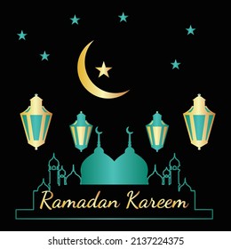 Ilustración vectorial Ramadan Kareem, Mezquita, Luna Y Linterna. 