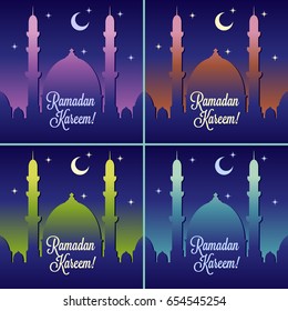 Ramadan Kareem, vector illustration with mosque or masjid, with half moon and star. Eid Mubarak greeting card.